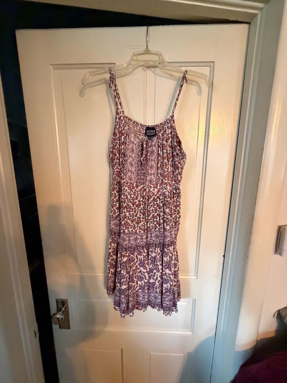 Angie Women's Purple Printed Bohemian Strap Summer Short Dress Size L